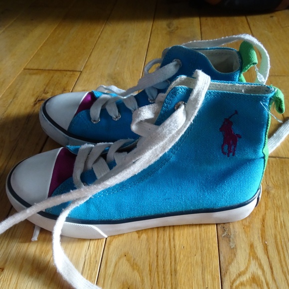LIKE NEW POLO Ralph Lauren KIDS CANVAS HIGH TOP RUNNERS - Picture 1 of 5